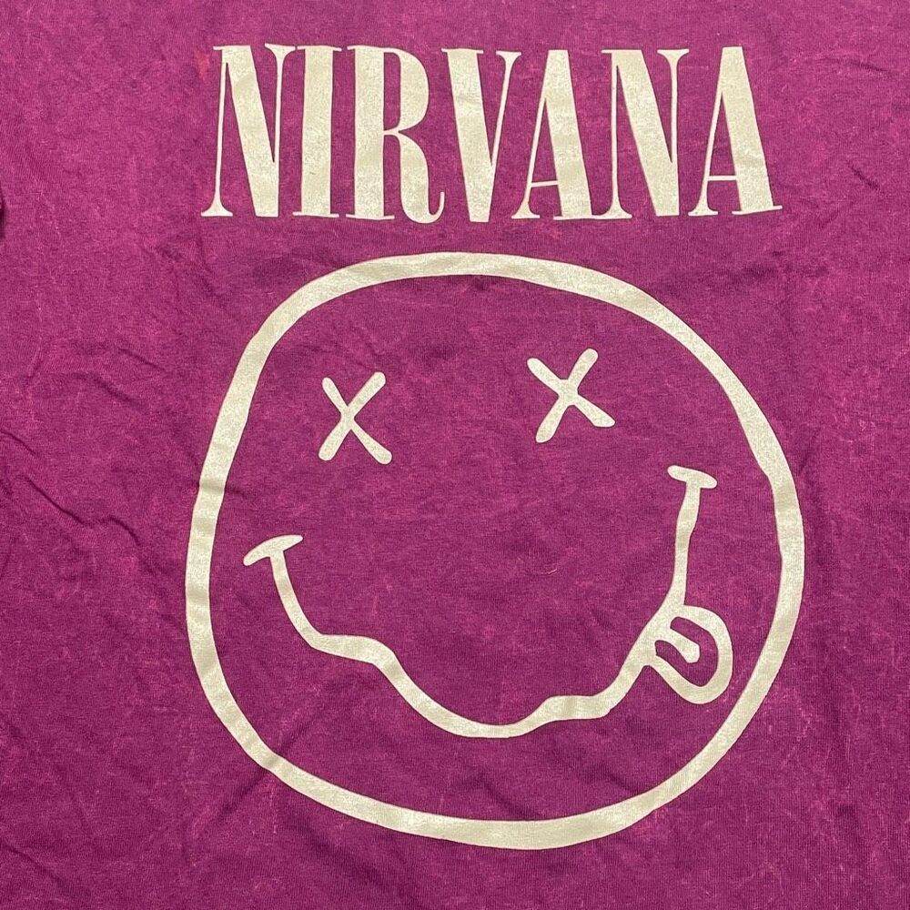 Nirvana Dark Pink and Beige Acid Washed Smiley Face Tee N0325